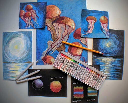 Oil Pastel Seascapes and Jellyfish